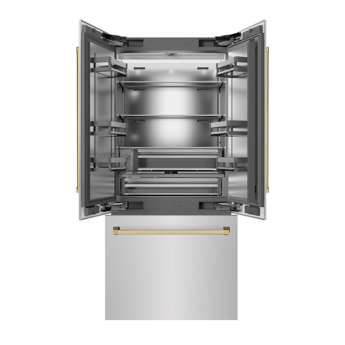 ZLINE Autograph Edition 36 in. 19.6 cu. ft. French Door Built-In Bottom Freezer Refrigerator with Water Dispenser and Ice Maker in Stainless Steel with Stainless Steel Interior and Polished Gold Accents (SRBIVZ-304-36G)