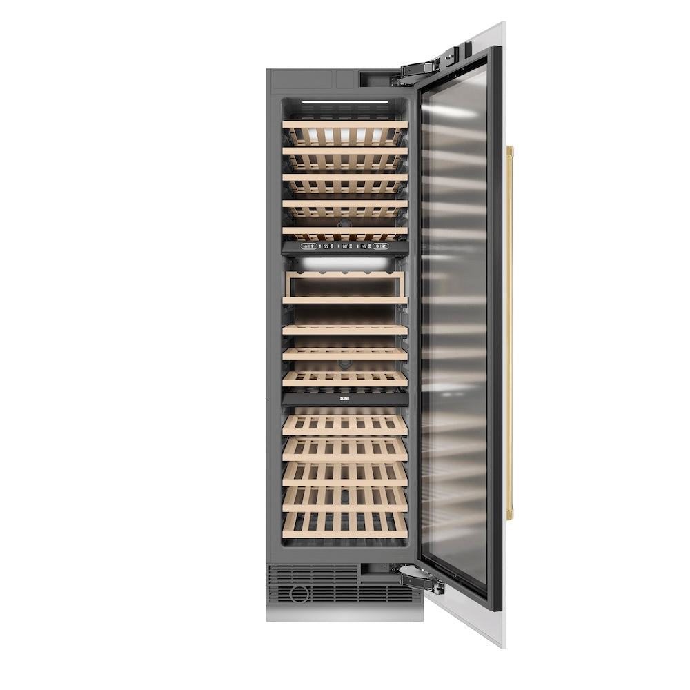 ZLINE Autograph Edition 24 in. 12.4 cu. ft. Triple Zone 100 Bottle Column Wine Cooler in White Matte and Polished Gold Accents (RCWVZ-WM-24-G)