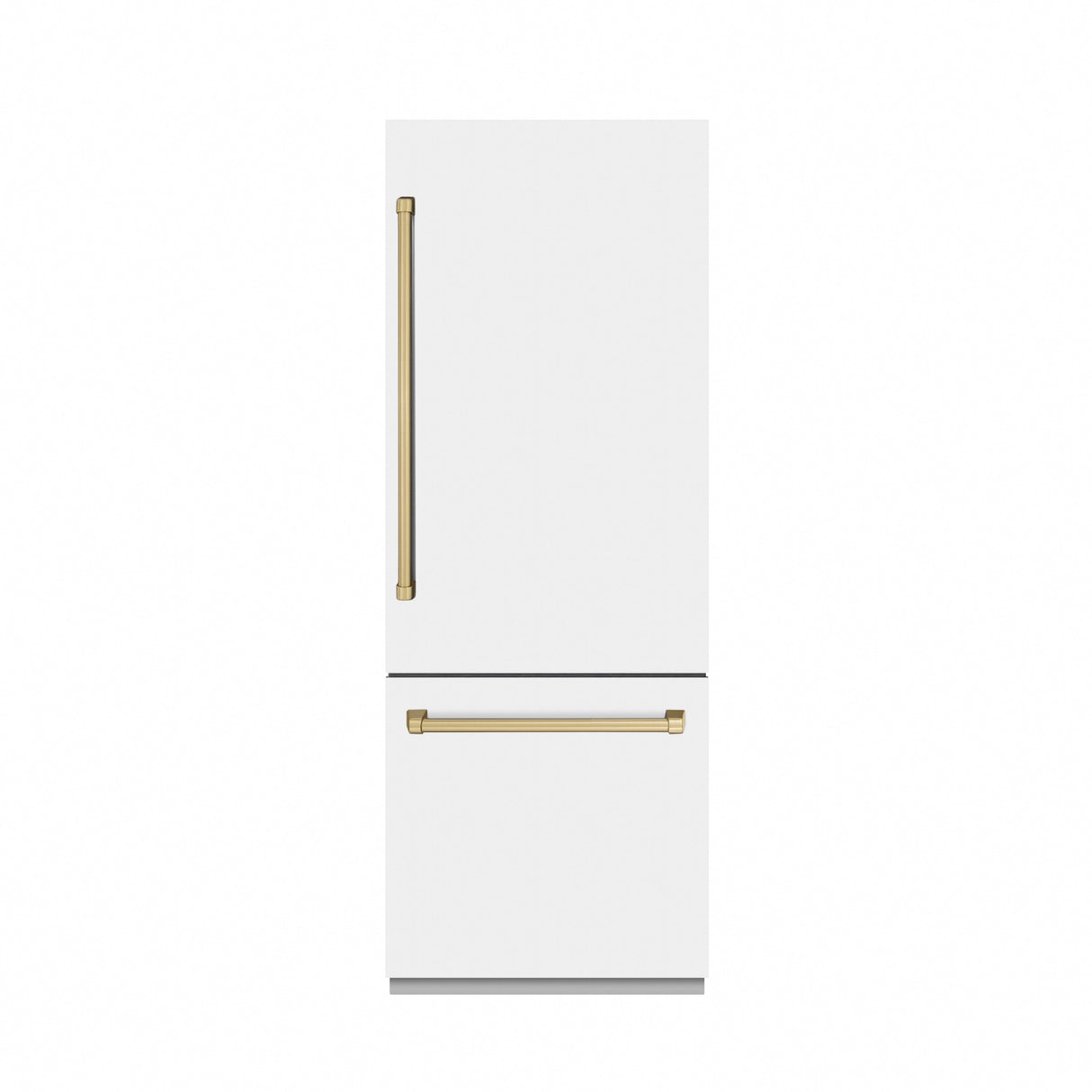 ZLINE Autograph Edition 30 in. 16.1 cu. ft. Built-In Bottom Freezer Refrigerator with Water Dispenser and Ice Maker in White Matte with Graphite Gray Interior and Champagne Bronze Accents (GRBIVZ-WM-30-CB)