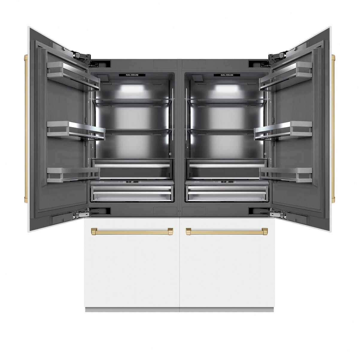 ZLINE Autograph Edition 60 in. 32.2 cu. ft. French Door Built-In Bottom Freezer Refrigerator with Water Dispenser and Ice Maker in White Matte with Graphite Gray Interior and Champagne Bronze Accents (GRBIVZ-WM-60-CB)