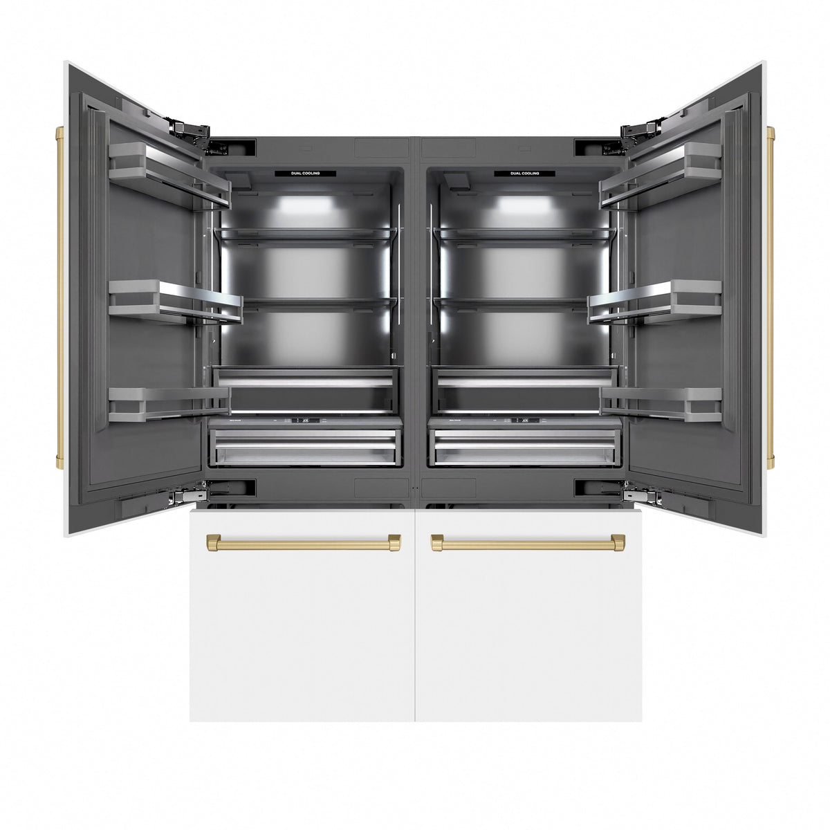 ZLINE Autograph Edition 60 in. 32.2 cu. ft. French Door Built-In Bottom Freezer Refrigerator with Water Dispenser and Ice Maker in White Matte with Graphite Gray Interior and Champagne Bronze Accents (GRBIVZ-WM-60-CB)