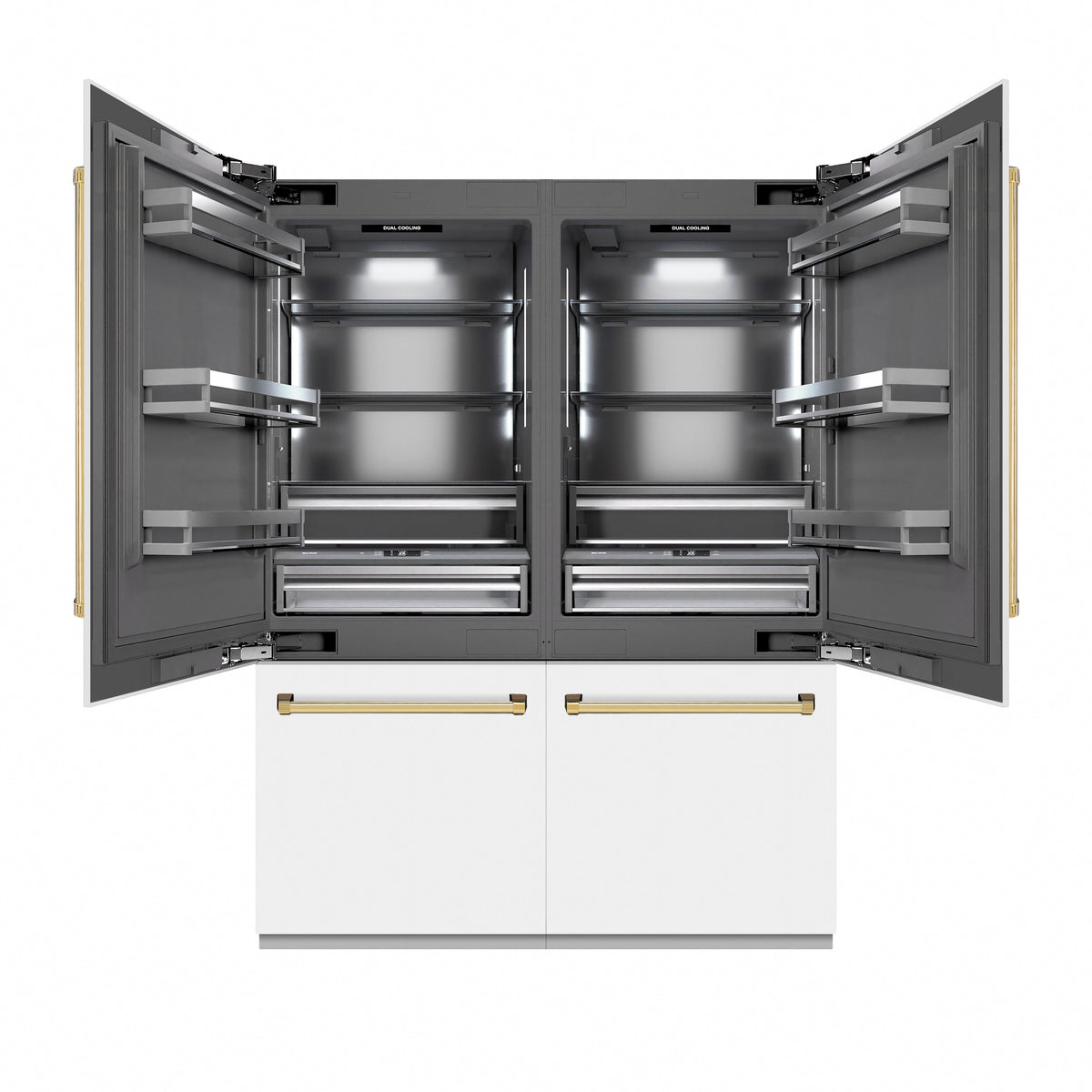 ZLINE Autograph Edition 60 in. 32.2 cu. ft. French Door Built-In Bottom Freezer Refrigerator with Water Dispenser and Ice Maker in White Matte with Graphite Gray Interior and Polished Gold Accents (GRBIVZ-WM-60-G)