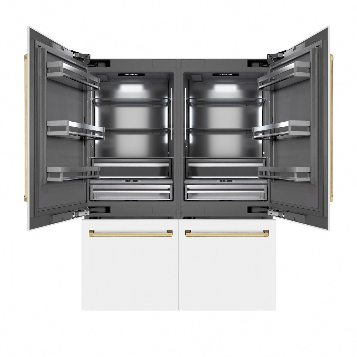 ZLINE Autograph Edition 60 in. 32.2 cu. ft. French Door Built-In Bottom Freezer Refrigerator with Water Dispenser and Ice Maker in White Matte with Graphite Gray Interior and Polished Gold Accents (GRBIVZ-WM-60-G)