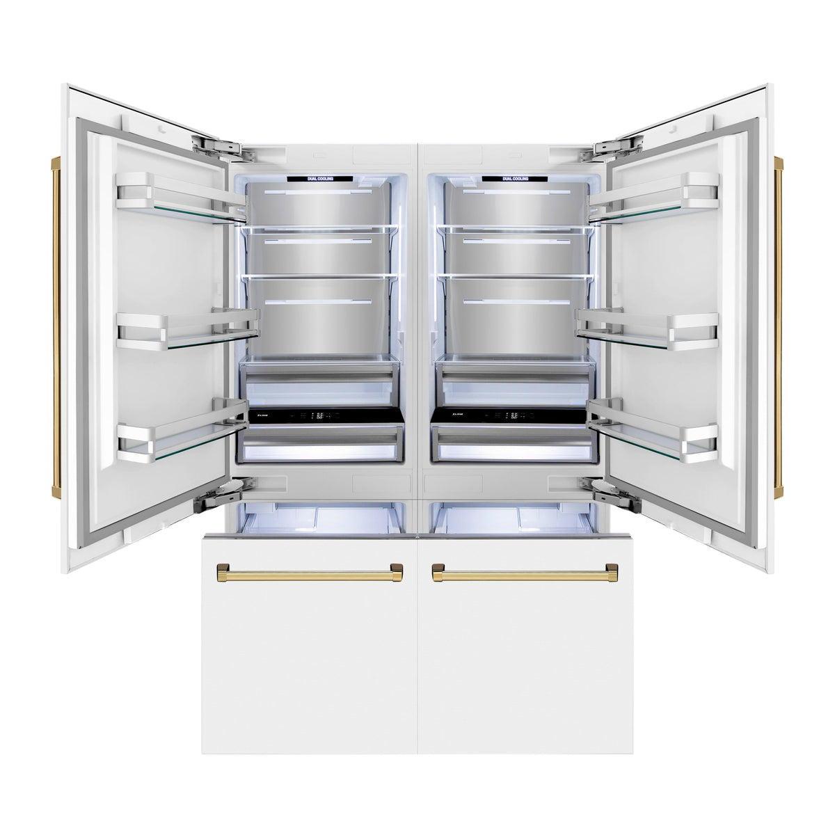 ZLINE Autograph Edition 60 in. 32.2 cu. ft. French Door Built-In Bottom Freezer Refrigerator with Water Dispenser and Ice Maker in White Matte with Polished Gold Accents (RBIVZ-WM-60-G)
