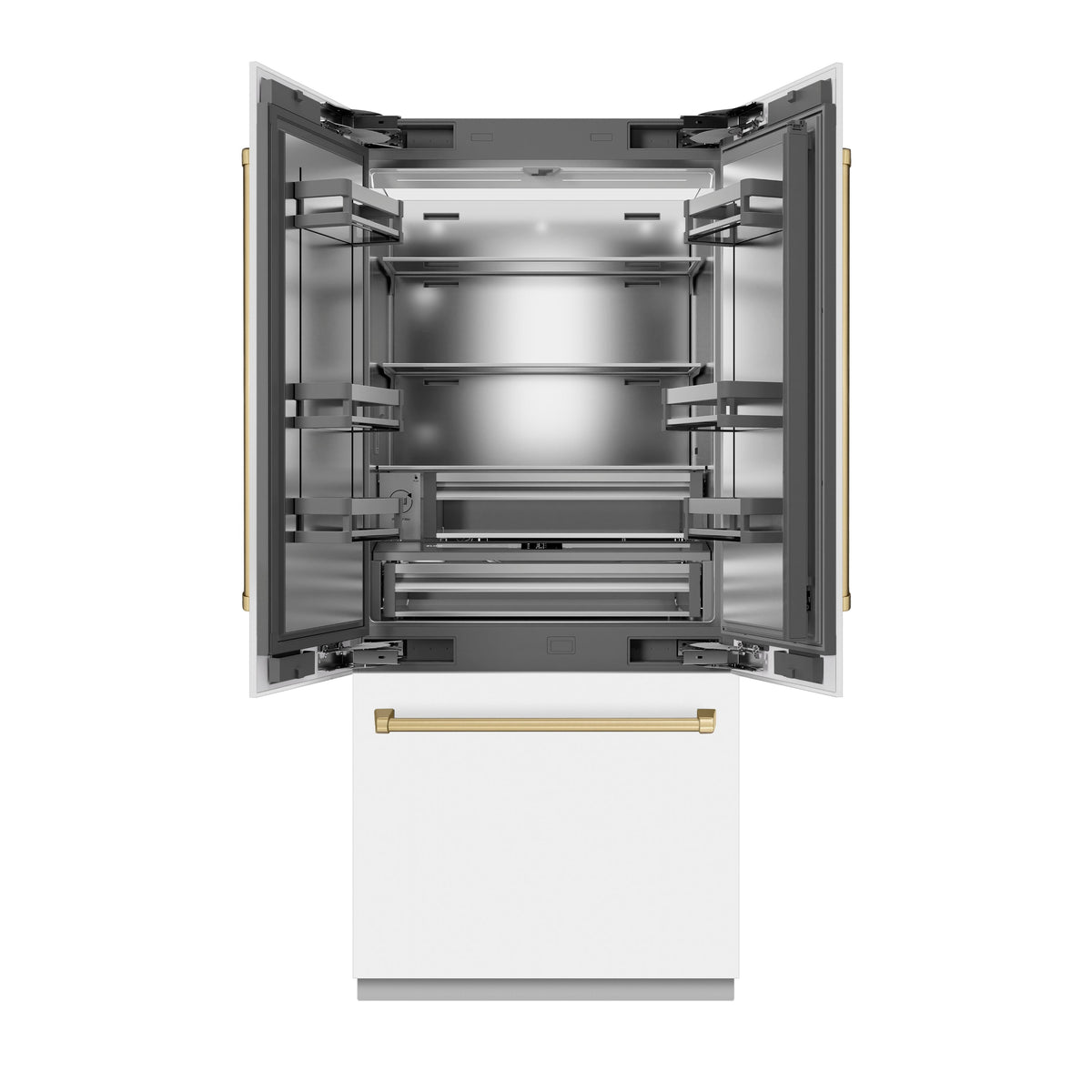ZLINE Autograph Edition 36 in. 19.6 cu. ft. French Door Built-In Bottom Freezer Refrigerator with Water Dispenser and Ice Maker in White Matte with Stainless Steel Interior and Champagne Bronze Accents (SRBIVZ-WM-36-CB)