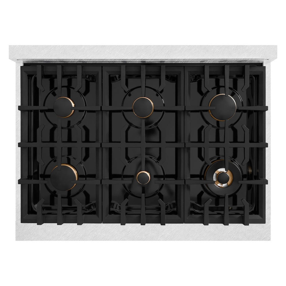 ZLINE Autograph Edition 36 in. 5.2 cu. ft. Classic Gas Range with 6 Burner Cooktop and Convection Gas Oven in Satin Stainless Steel with Black Matte Door and Champagne Bronze Accents (CGRSZ-BLM-36-CB)