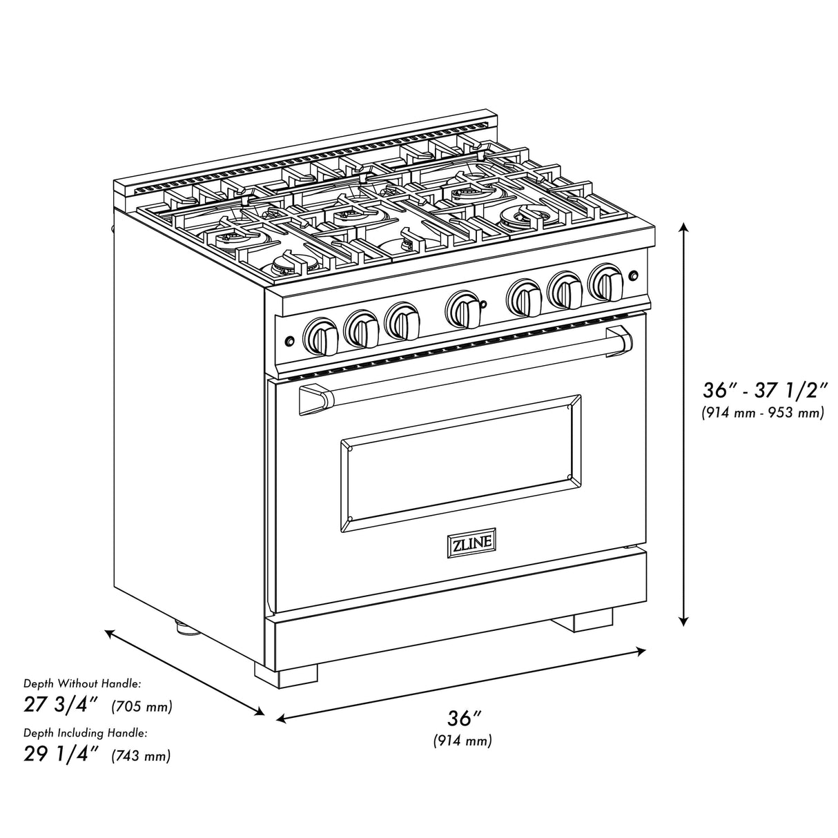 ZLINE Autograph Edition 36 in. 5.2 cu. ft. Classic Dual Fuel Range with 6 Burner Gas Cooktop and Electric Convection Oven in Satin Stainless Steel with Matte Black Accents (CDRSZ-36-MB)