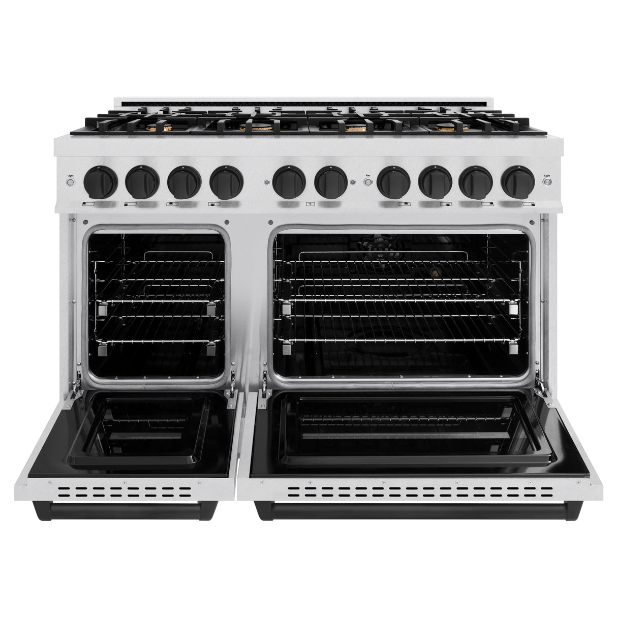 ZLINE Autograph Edition 48 in. 6.7 cu. ft. Classic Double Oven Dual Fuel Range with 8 Burner Gas Cooktop in Satin Stainless Steel with White Matte Doors and Matte Black Accents (CDRSZ-WM-48-MB)