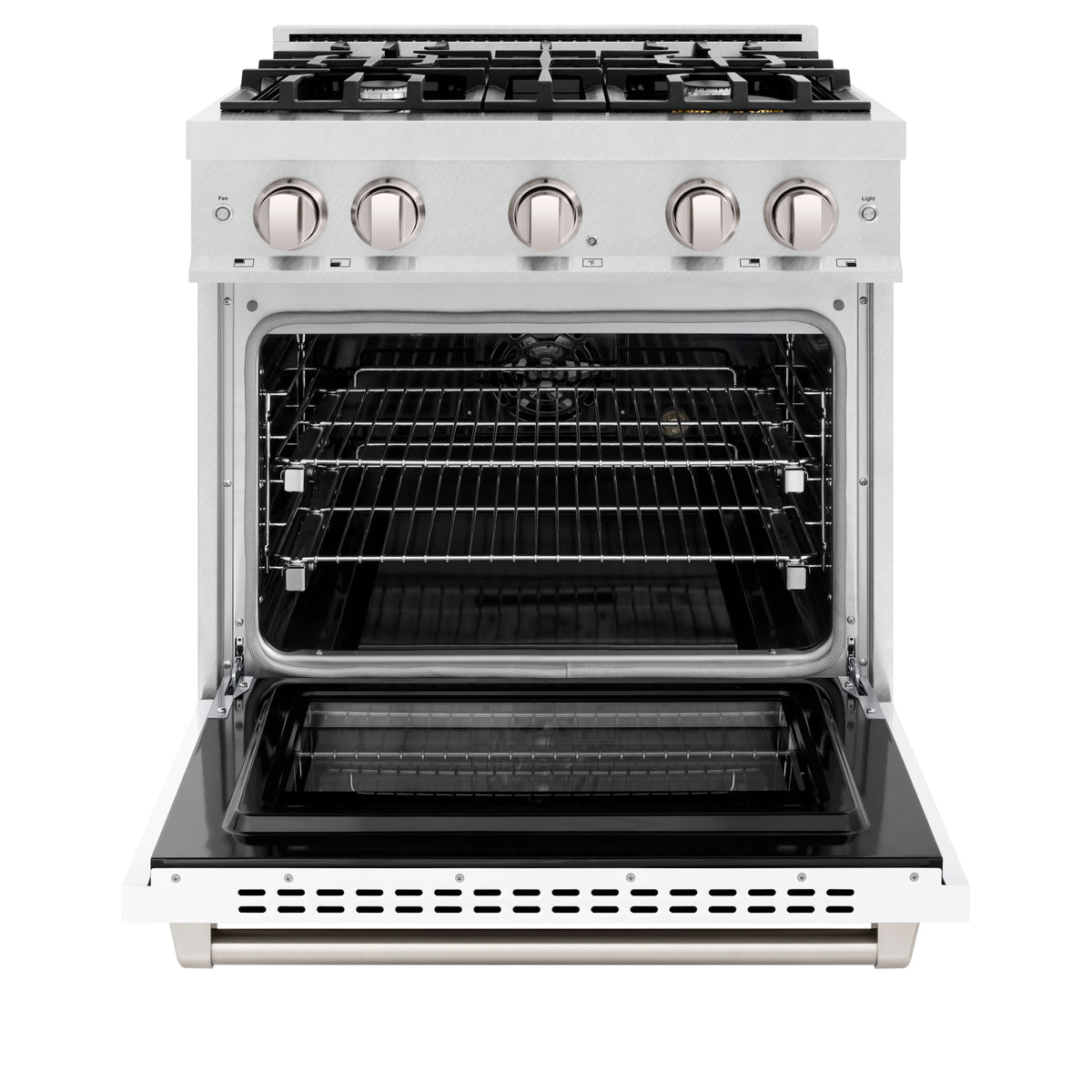 ZLINE 30 in. 4.2 cu. ft. Select Dual Fuel Range with 4 Burner Gas Cooktop and Electric Convection Oven in Satin Stainless Steel with White Matte Door (HDRS-WM-30)