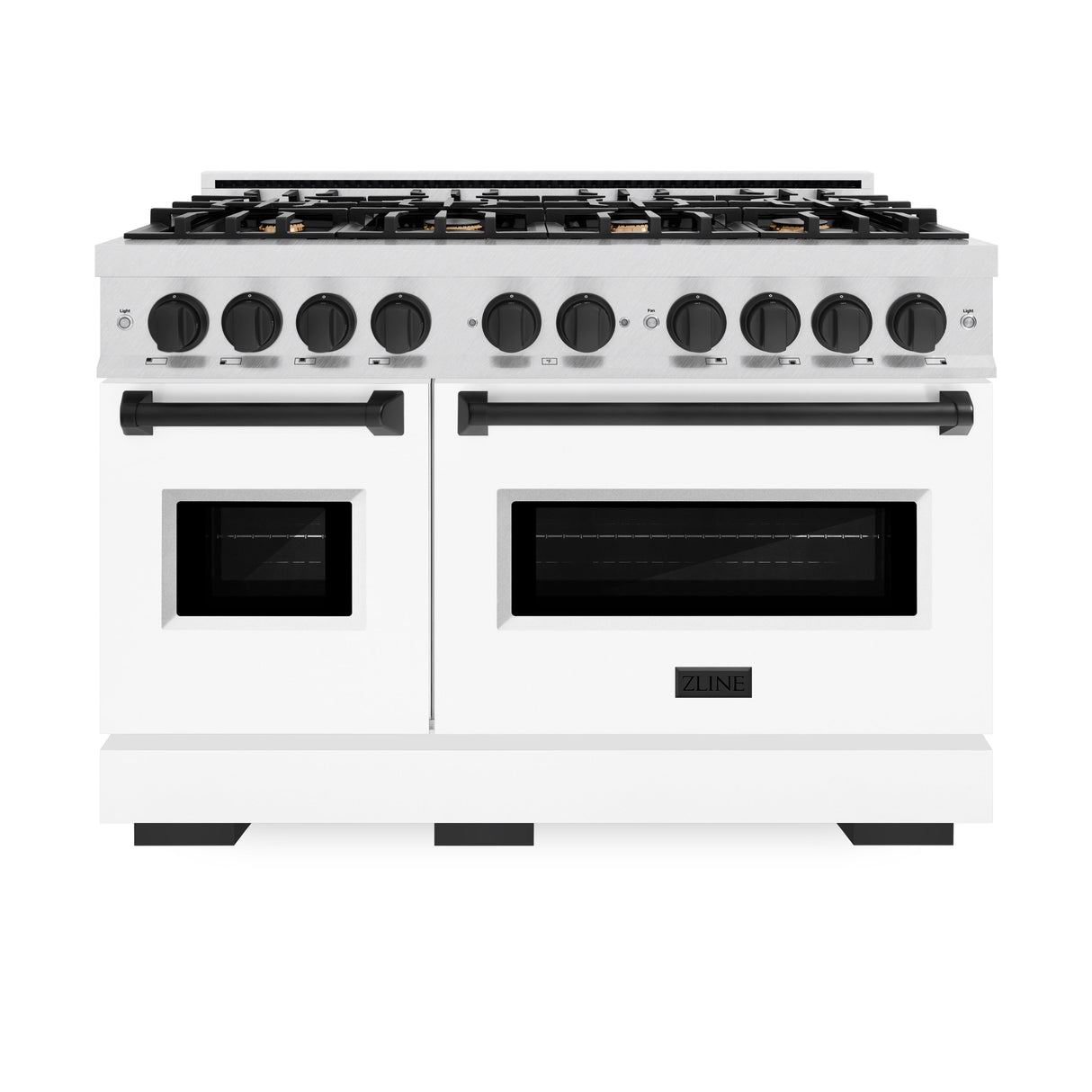 ZLINE Autograph Edition 48 in. 6.7 cu. ft. Classic Double Oven Gas Range with 8 Burner Cooktop in Satin Stainless Steel with White Matte Doors and Matte Black Accents (CGRSZ-WM-48-MB)