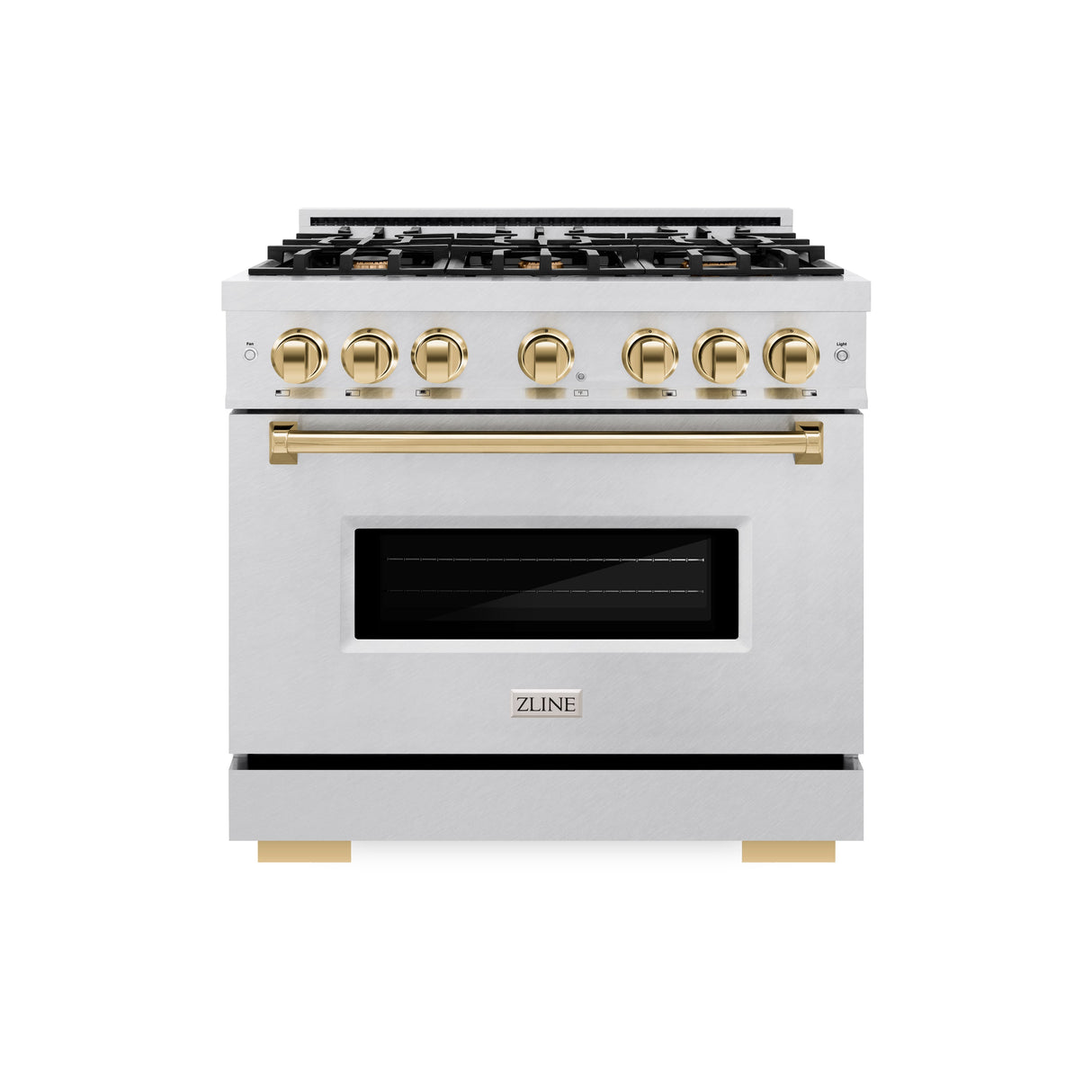 ZLINE Autograph Edition 36 in. 5.2 cu. ft. Classic Gas Range with 6 Burner Cooktop and Convection Gas Oven in Satin Stainless Steel and Polished Gold Accents (CGRSZ-36-G)