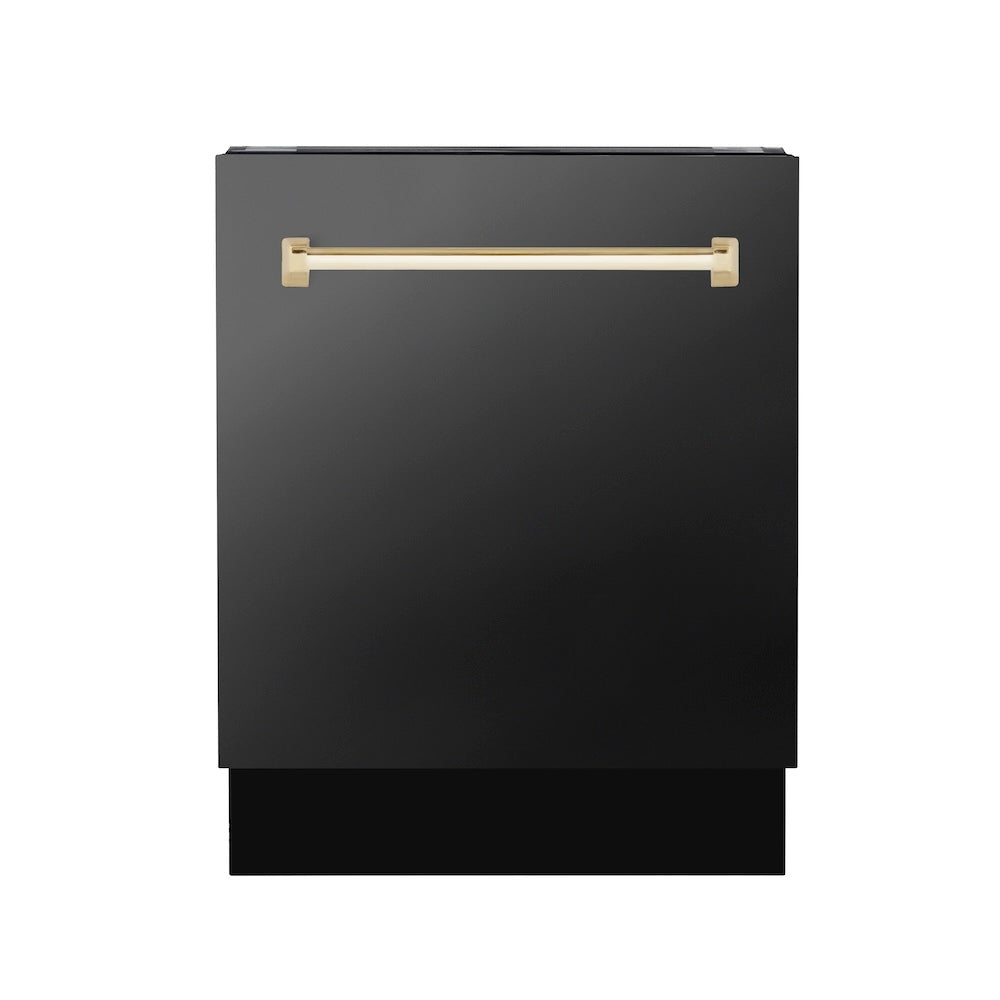 ZLINE Autograph Edition 24" Tallac Series 3rd Rack Top Control Built-In Tall Tub Dishwasher in Black Stainless Steel with Polished Gold Handle, 51dBa (DWVZ-BS-24-G)