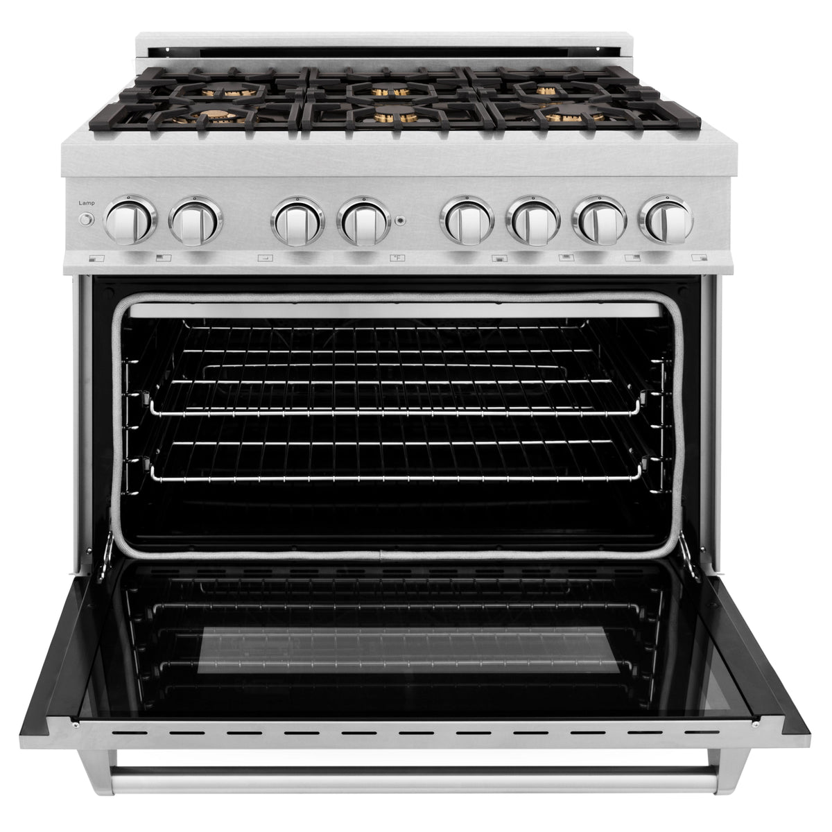 ZLINE 36 in. 4.6 cu. ft. Legacy Dual Fuel Range with Gas Cooktop and Electric Convection Oven in Satin Stainless Steel with 6 Brass Burners and Griddle (RAS-SN-BR-GR-36)