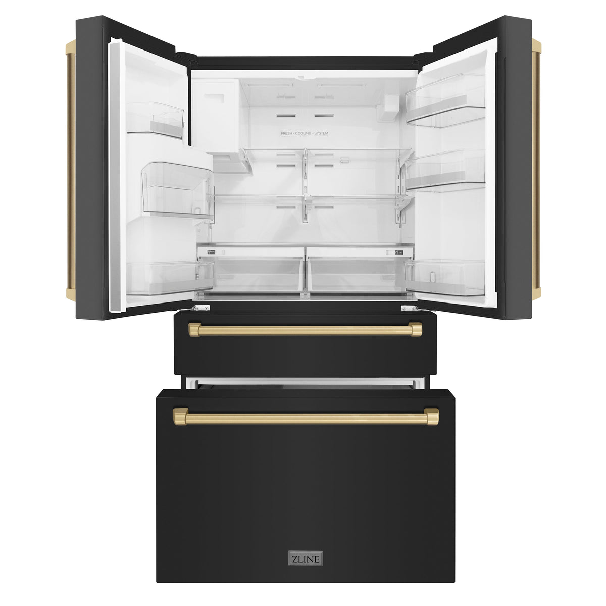 ZLINE Autograph Edition 36 in. 21.6 cu. ft Counter-Depth French Door Refrigerator with Water and Ice Dispenser in Fingerprint-Resistant Black Stainless Steel with Champagne Bronze Traditional Handles (RFMZ-W-36-BS-CB)