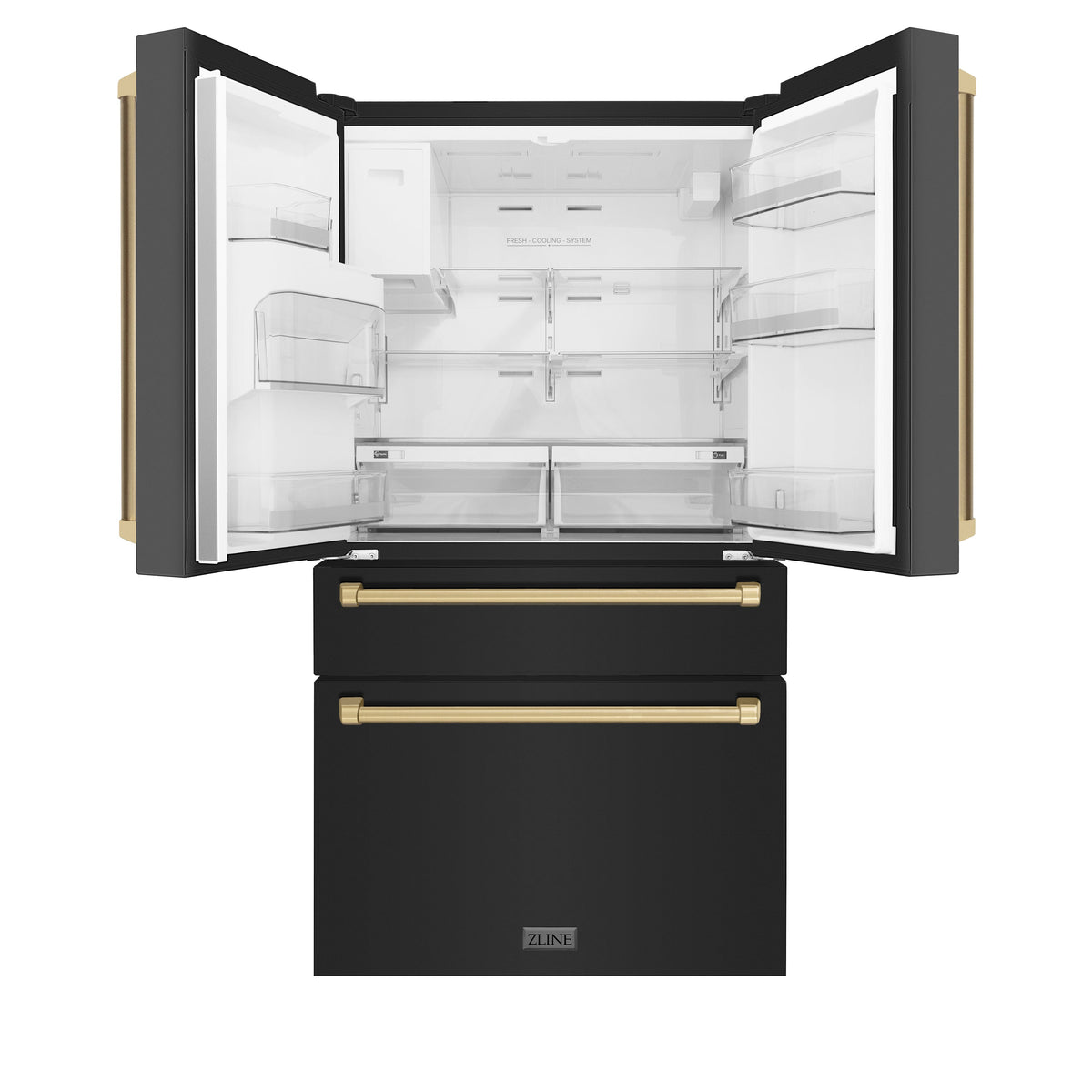 ZLINE Autograph Edition 36 in. 21.6 cu. ft Counter-Depth French Door Refrigerator with Water and Ice Dispenser in Fingerprint-Resistant Black Stainless Steel with Champagne Bronze Traditional Handles (RFMZ-W-36-BS-CB)