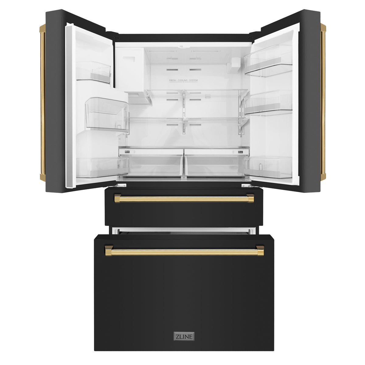 ZLINE Autograph Edition 36 in. 21.6 cu. ft. Counter-Depth French Door Refrigerator with Water and Ice Dispenser in Fingerprint-Resistant Black Stainless Steel with Polished Gold Traditional Handles (RFMZ-W-36-BS-G)