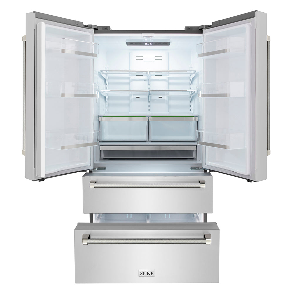 ZLINE Autograph Edition 36 in. 22.5 cu. ft. Counter-Depth French Door Refrigerator with Ice Maker in Fingerprint-Resistant Stainless Steel and Polished Nickel Helix Handles (RFMZ-36-KPN)