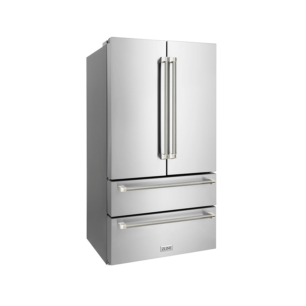 ZLINE Autograph Edition 36 in. 22.5 cu. ft. Counter-Depth French Door Refrigerator with Ice Maker in Fingerprint-Resistant Stainless Steel and Polished Nickel Helix Handles (RFMZ-36-KPN)