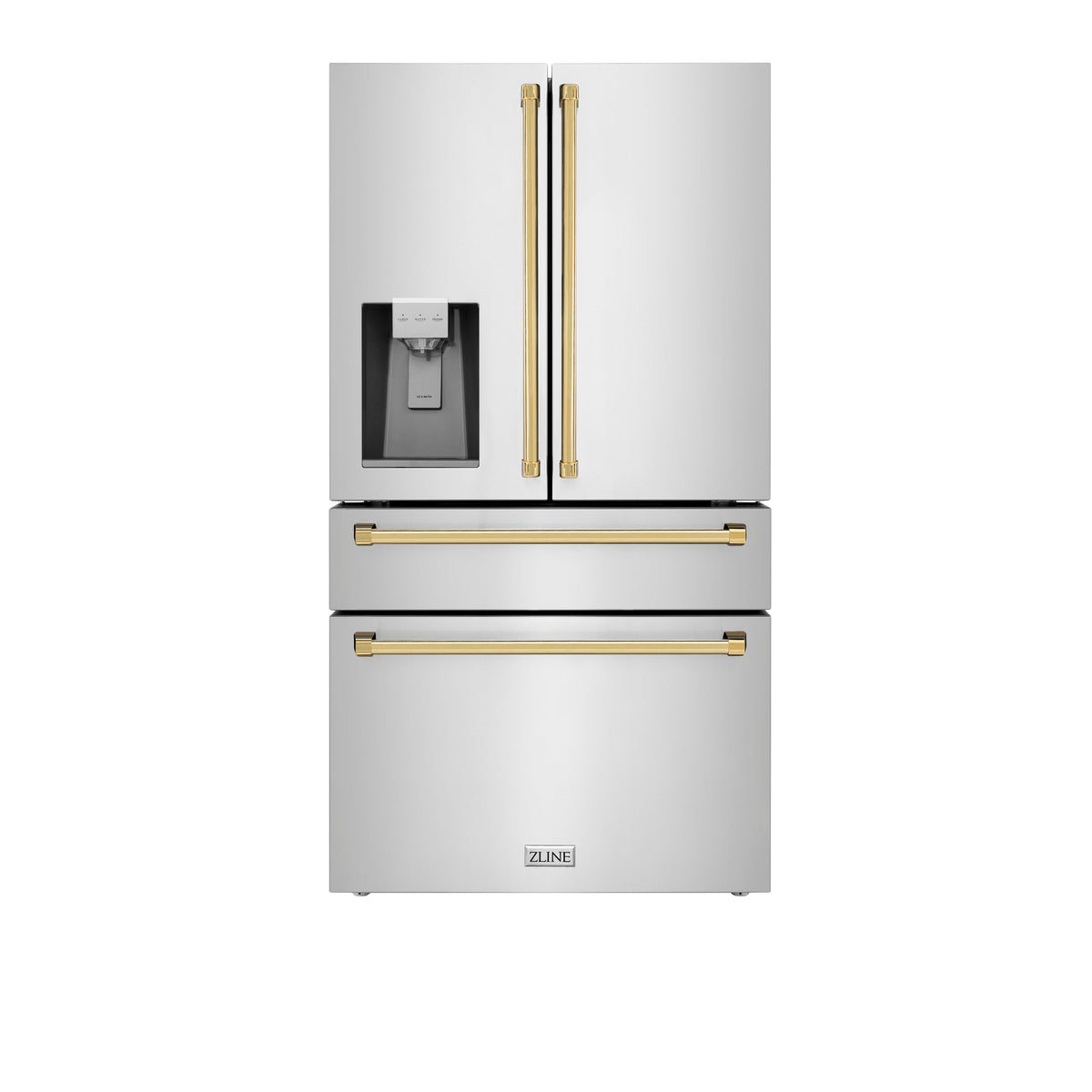 ZLINE Autograph Edition 36 in. 21.6 cu. ft. Counter-Depth French Door Refrigerator with Water and Ice Dispenser in Fingerprint-Resistant Stainless Steel with Polished Gold Traditional Handles (RFMZ-W-36-G)