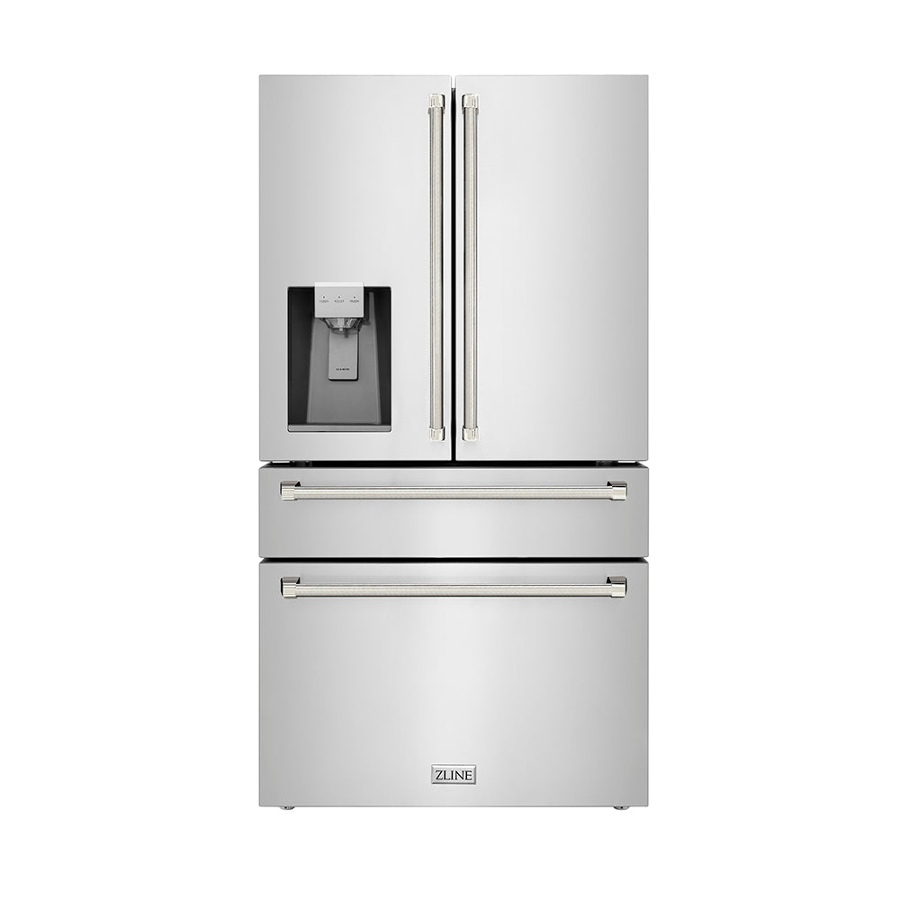 ZLINE Autograph Edition 36 in. 21.6 cu. ft. Counter-Depth French Door Refrigerator with Water and Ice Dispenser in Fingerprint-Resistant Stainless Steel with Polished Nickel Helix Handles (RFMZ-W-36-KPN)
