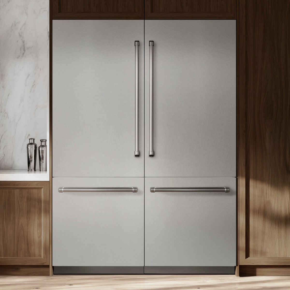 ZLINE 60 in. 32.2 cu. ft. French Door Built-In Bottom Freezer Refrigerator with Water Dispensers and Ice Makers in Satin Stainless Steel (RBIV-SN-60)
