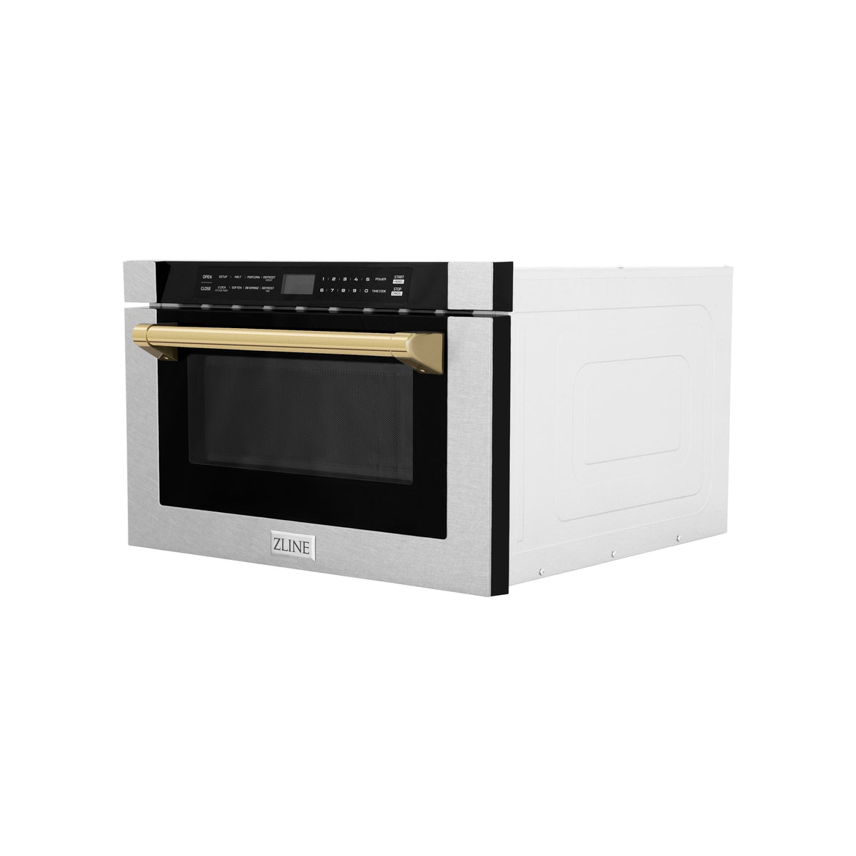 ZLINE Autograph Edition 24 in. 1.2 cu. ft. Built-in Microwave Drawer with a Traditional Handle in Satin Stainless Steel and Polished Gold Accents (MWDZ-1-SS-H-G)