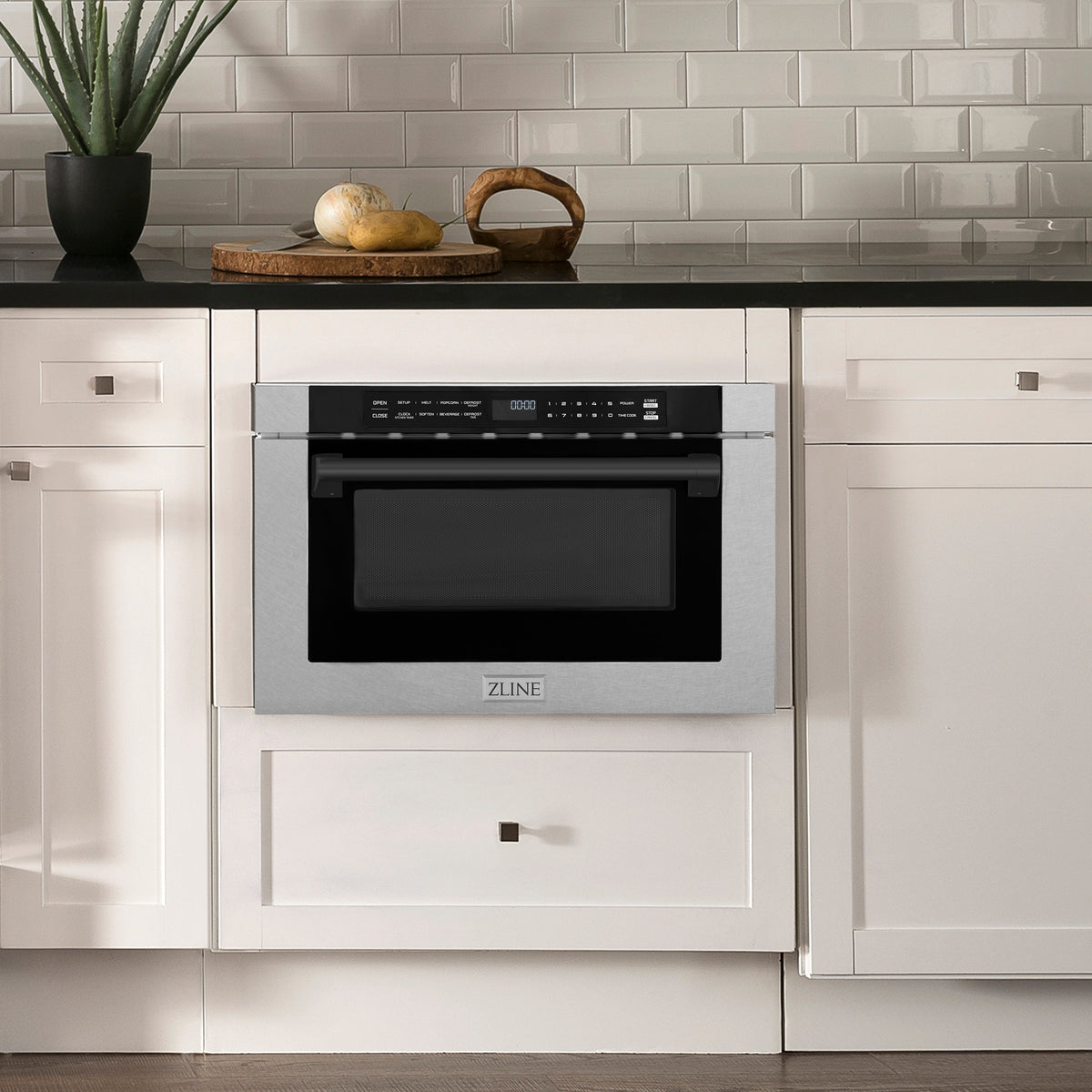 ZLINE Autograph Edition 24 in. 1.2 cu. ft. Built-in Microwave Drawer with a Traditional Handle in Satin Stainless Steel and Matte Black Accents (MWDZ-1-SS-H-MB)
