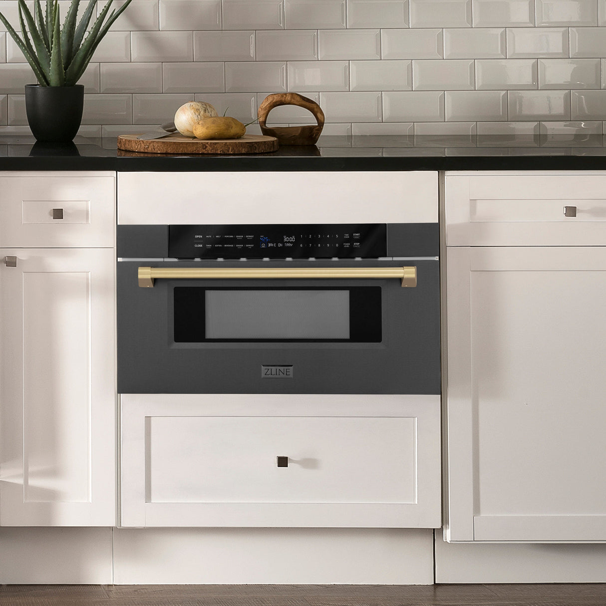 ZLINE Autograph Edition 30 in. 1.2 cu. ft. Built-in Microwave Drawer in Black Stainless Steel and Champagne Bronze Accents (MWDZ-30-BS-CB)