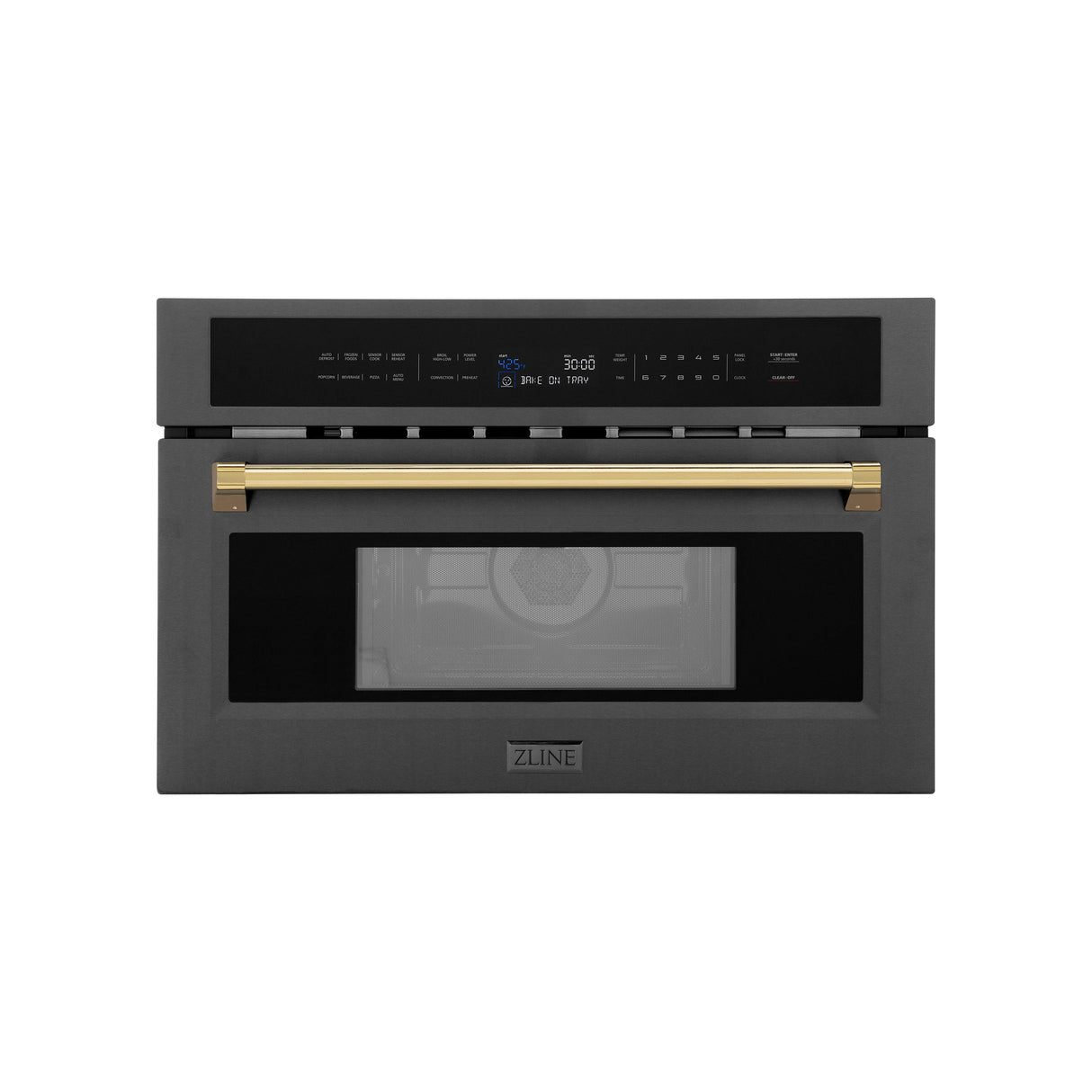 ZLINE Autograph Edition 30” 1.6 cu ft. Built-in Convection Microwave Oven in Black Stainless Steel and Polished Gold Accents (MWOZ-30-BS-G)