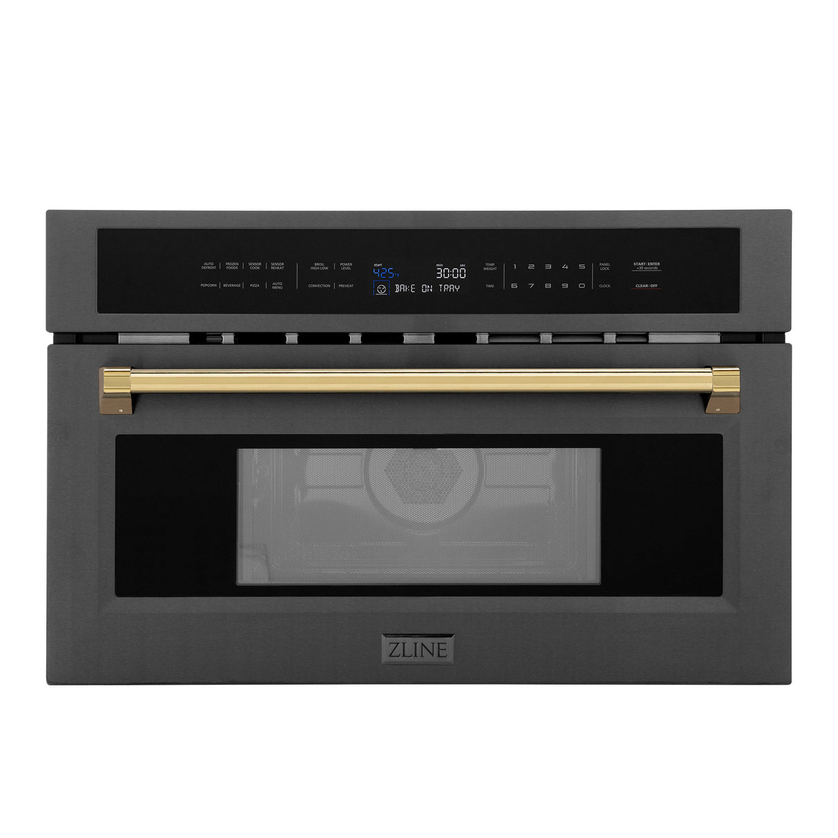 ZLINE Autograph Edition 30” 1.6 cu ft. Built-in Convection Microwave Oven in Black Stainless Steel and Polished Gold Accents (MWOZ-30-BS-G)