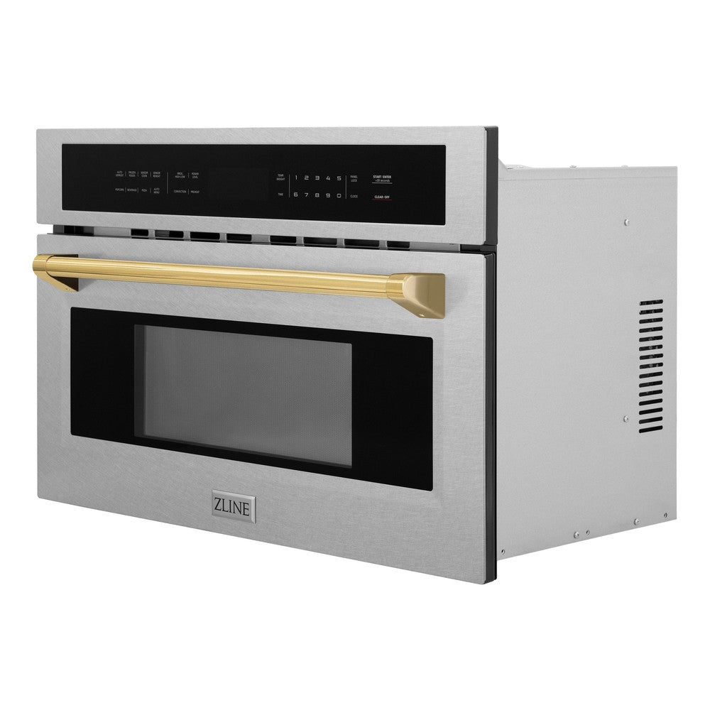 ZLINE Autograph Edition 30 in. 1.6 cu ft. Built-in Convection Microwave Oven in Satin Stainless Steel and Polished Gold Accents (MWOZ-30-SS-G)