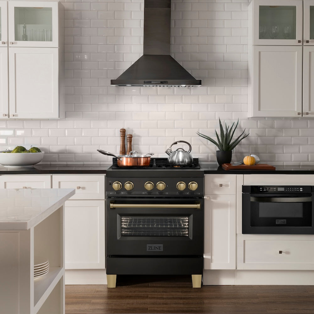 ZLINE Autograph Edition 30 in. 4.0 cu. ft. Legacy Dual Fuel Range with 4 Burner Gas Cooktop and Electric Convection Oven in Black Stainless Steel and Champagne Bronze Accents (RABZ-30-CB)