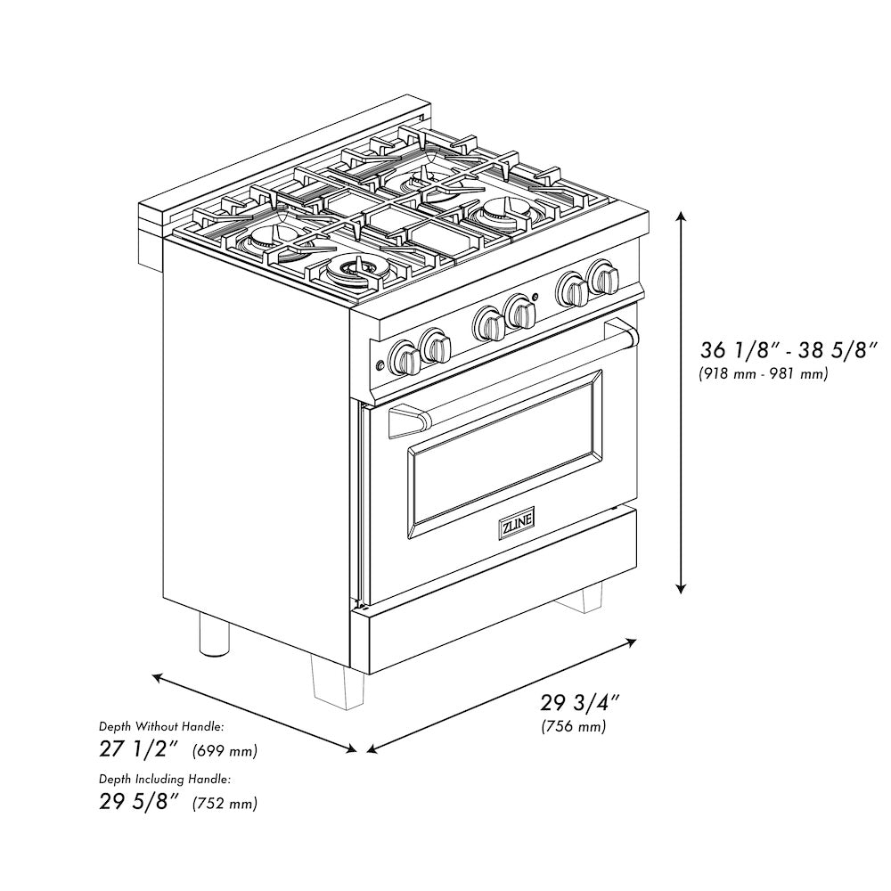 ZLINE Autograph Edition 30 in. 4.0 cu. ft. Legacy Dual Fuel Range with 4 Burner Gas Cooktop and Electric Convection Oven in Black Stainless Steel and Polished Gold Accents (RABZ-30-G)