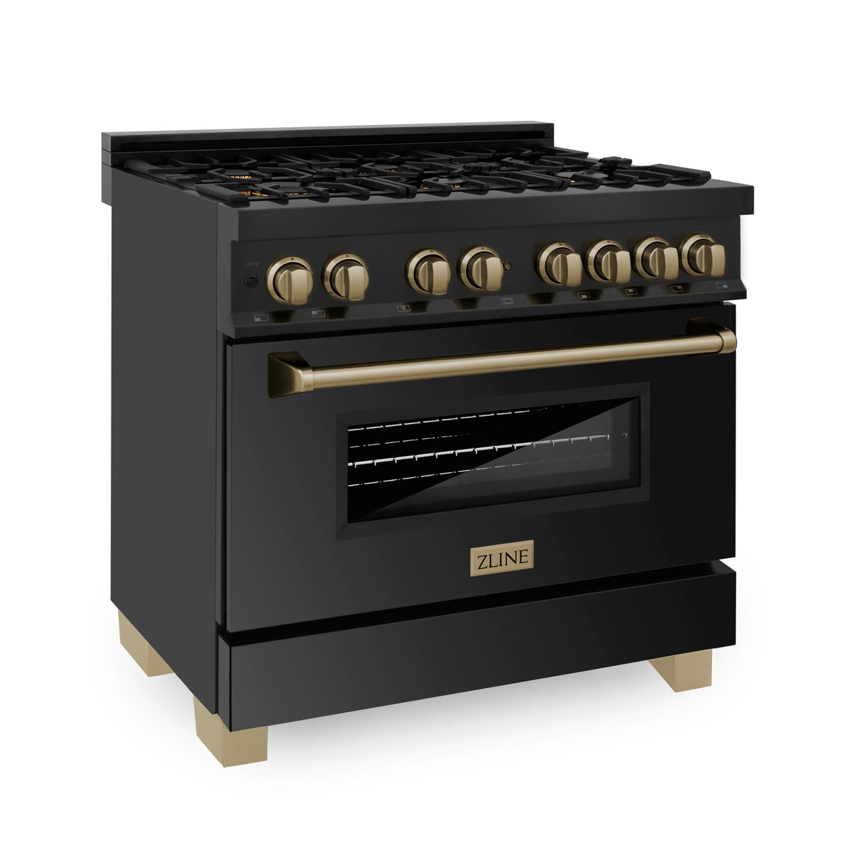ZLINE Autograph Edition 36 in. 4.6 cu. ft. Legacy Dual Fuel Range with 6 Burner Gas Cooktop and Electric Convection Oven in Black Stainless Steel and Champagne Bronze Accents (RABZ-36-CB)