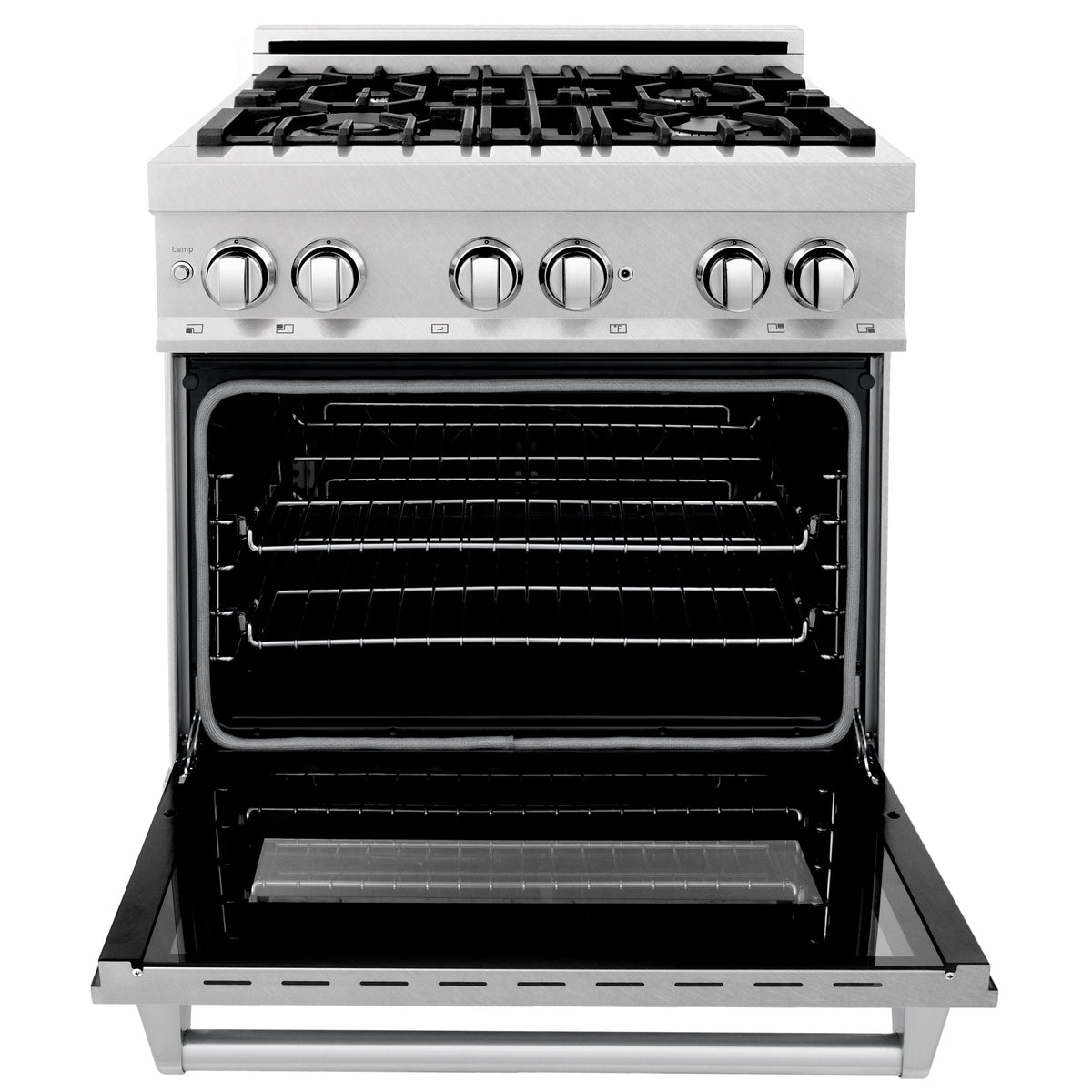 ZLINE 30 in. 4.0 cu. ft. Legacy Dual Fuel Range with Gas Cooktop and Electric Convection Oven in Satin Stainless Steel with 4 Brass Burners and Griddle (RAS-SN-BR-GR-30)