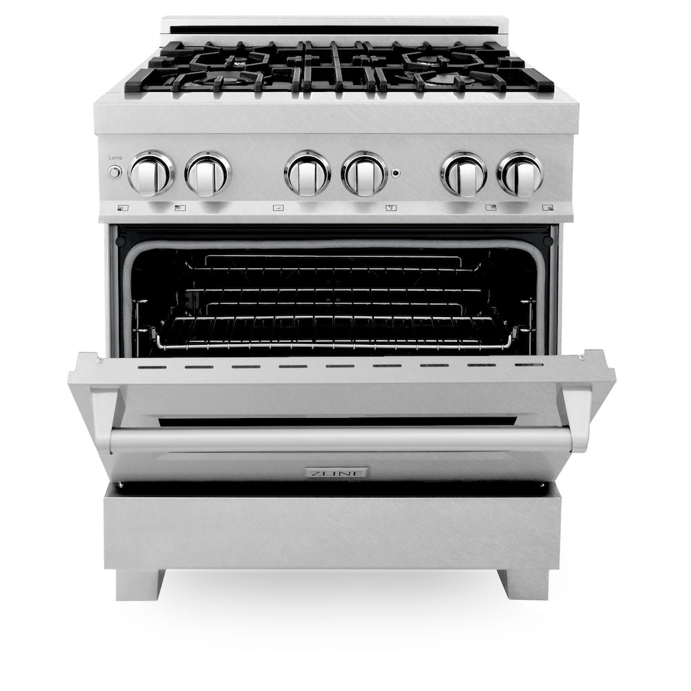 ZLINE 30 in. 4.0 cu. ft. Legacy Dual Fuel Range with 4 Burner Gas Cooktop and Electric Convection Oven in Satin Stainless Steel (RAS-SN-30)