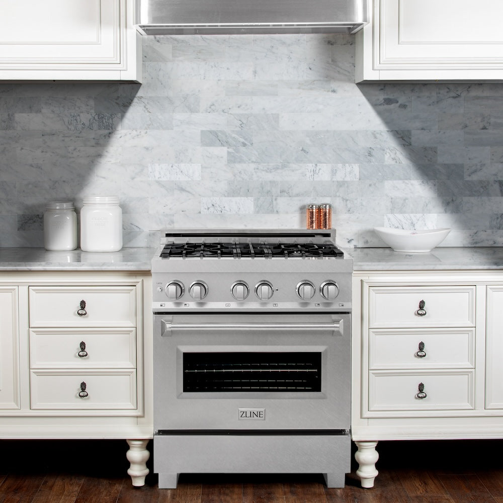 ZLINE 30 in. 4.0 cu. ft. Legacy Dual Fuel Range with 4 Burner Gas Cooktop and Electric Convection Oven in Satin Stainless Steel (RAS-SN-30)