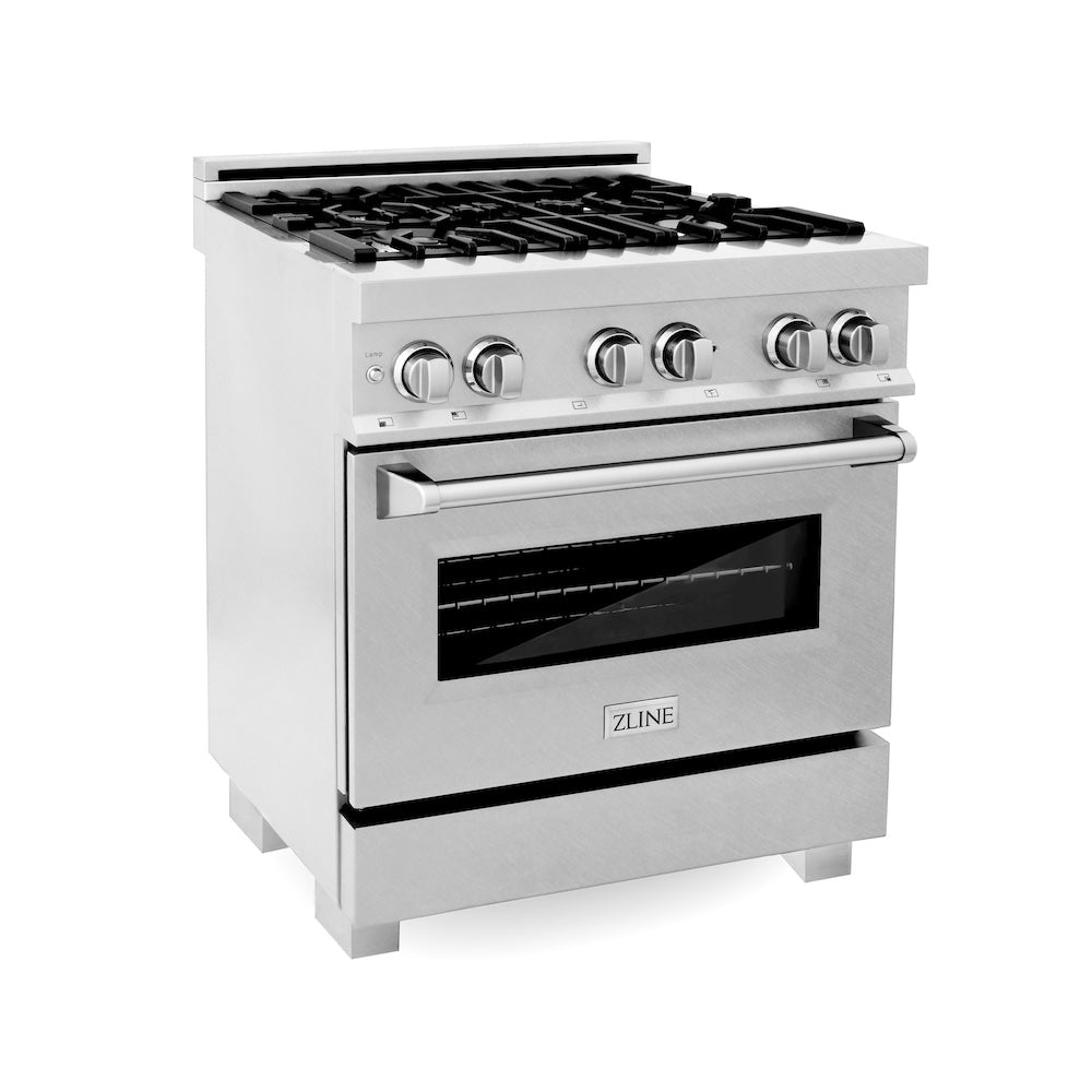 ZLINE 30 in. 4.0 cu. ft. Legacy Dual Fuel Range with 4 Burner Gas Cooktop and Electric Convection Oven in Satin Stainless Steel (RAS-SN-30)