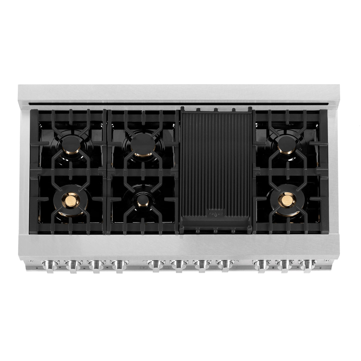 ZLINE 48 in. 6.0 cu. ft. Legacy Dual Fuel Range with Gas Cooktop and 2 Electric Ovens in Satin Stainless Steel with 6 Brass Burners (RAS-SN-BR-48)