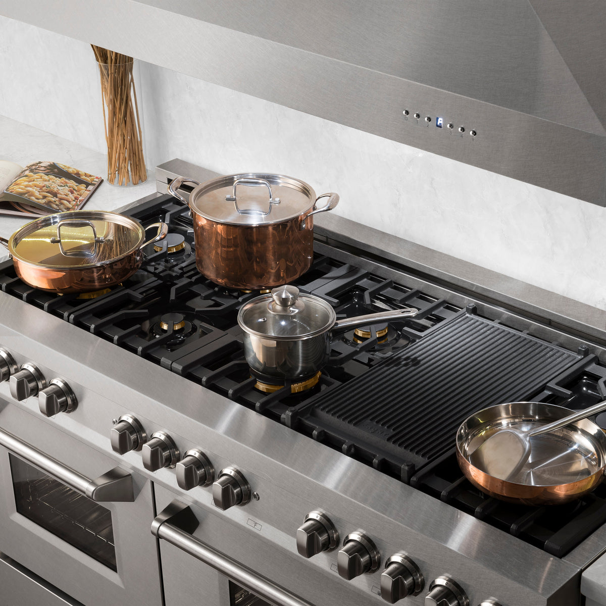 ZLINE 60 in. 7.4 cu. ft. Legacy Dual Fuel Range with Gas Cooktop and 2 Electric Convection Ovens in Satin Stainless Steel with 8 Brass Burners (RAS-SN-BR-60)