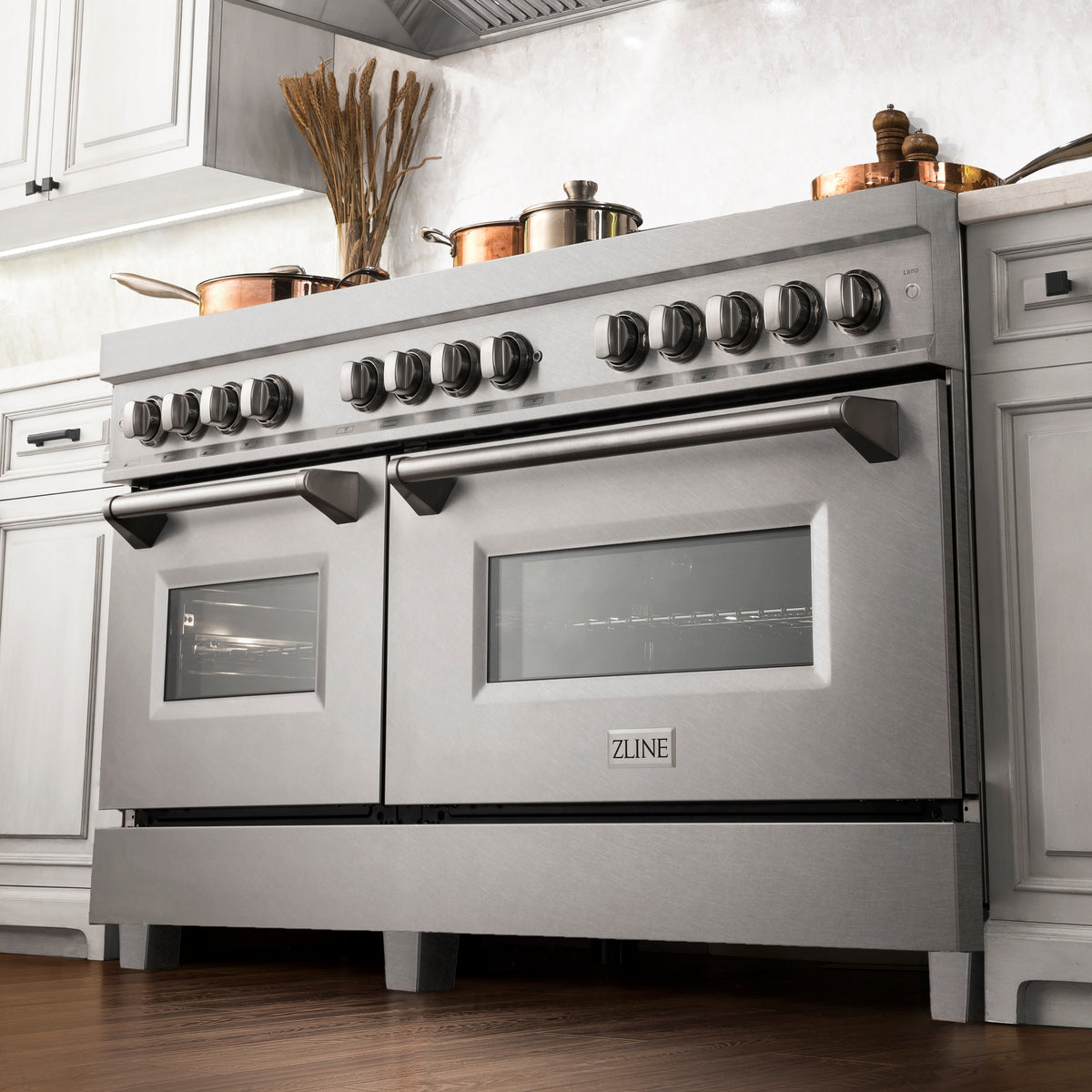 ZLINE 60 in. 7.4 cu. ft. Legacy Dual Fuel Range with Gas Cooktop and 2 Electric Convection Ovens in Satin Stainless Steel with 8 Brass Burners (RAS-SN-BR-60)