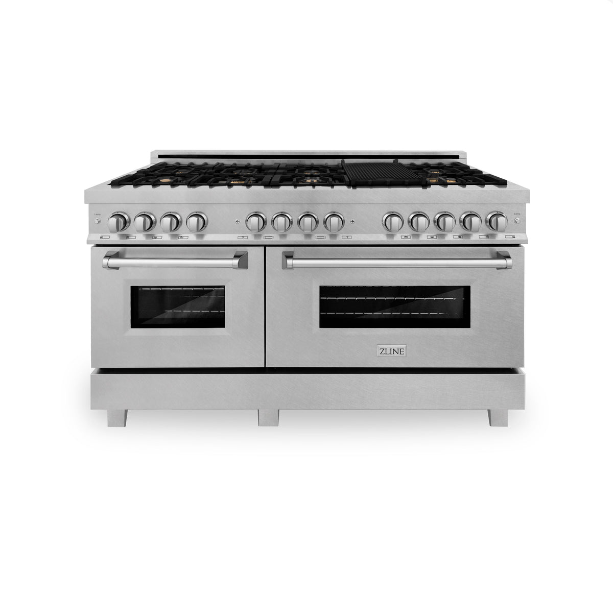 ZLINE 60 in. 7.4 cu. ft. Legacy Dual Fuel Range with Gas Cooktop and 2 Electric Convection Ovens in Satin Stainless Steel with 8 Brass Burners (RAS-SN-BR-60)