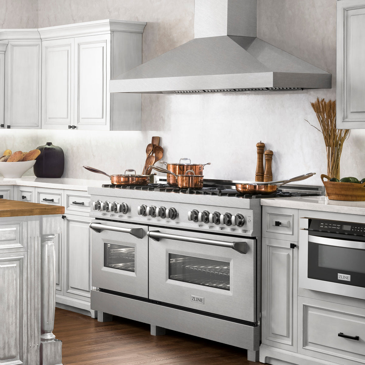 ZLINE 60 in. 7.4 cu. ft. Legacy Dual Fuel Range with Gas Cooktop and 2 Electric Convection Ovens in Satin Stainless Steel with 8 Brass Burners (RAS-SN-BR-60)