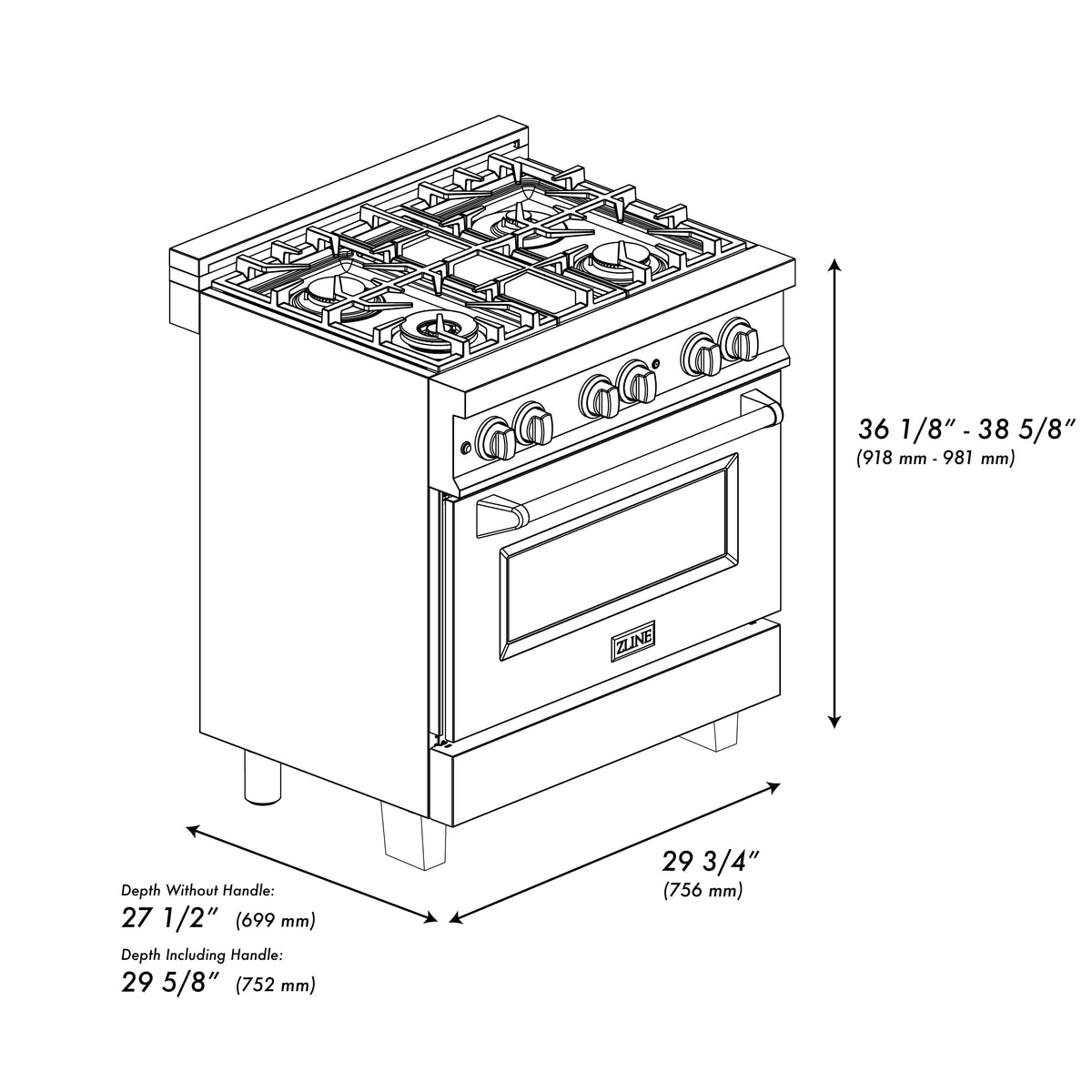 ZLINE 30 in. 4.0 cu. ft. Legacy Dual Fuel Range with 4 Burner Gas Cooktop and Electric Convection Oven in Satin Stainless Steel and White Matte Door (RAS-WM-30)