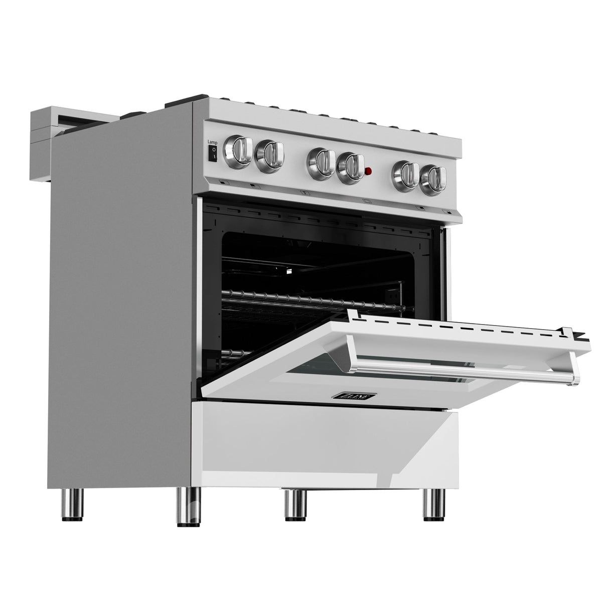 ZLINE 30 in. 4.0 cu. ft. Legacy Dual Fuel Range with 4 Burner Gas Cooktop and Electric Convection Oven in Satin Stainless Steel and White Matte Door (RAS-WM-30)