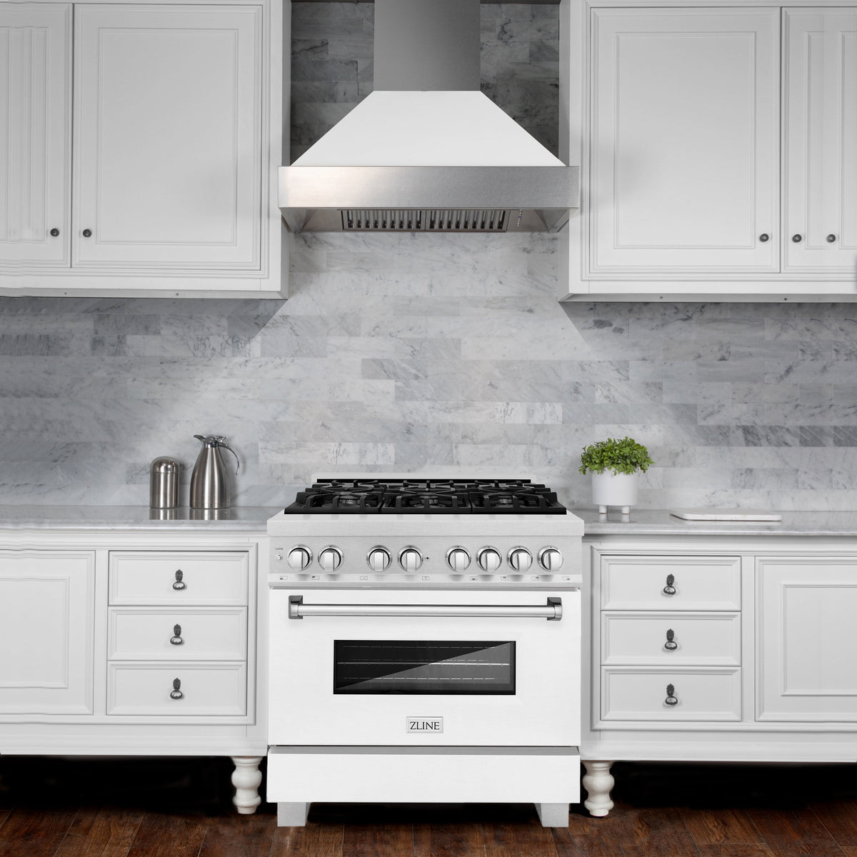 ZLINE 36 in. 4.6 cu. ft. Legacy Dual Fuel Range with 6 Burner Gas Cooktop and Electric Convection Oven in Satin Stainless Steel and White Matte Door (RAS-WM-36)