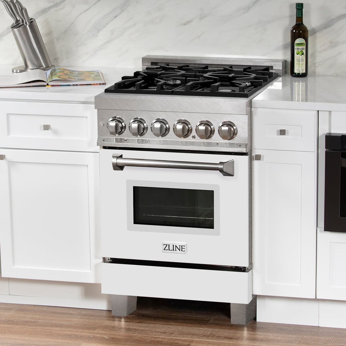 ZLINE 24 in. 2.8 cu. ft. Legacy Dual Fuel Range with 4 Burner Gas Cooktop and Electric Convection Oven in Satin Stainless Steel and White Matte Door (RAS-WM-24)