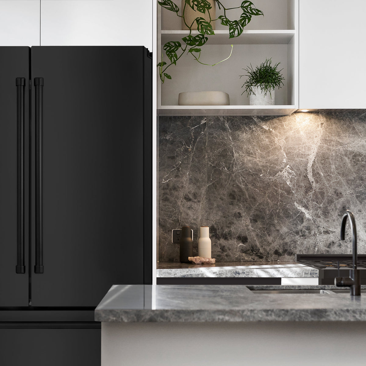 ZLINE 36 in. 21.6 cu. ft. Counter-Depth French Door Refrigerator with Water and Ice Dispenser with Extra Water Filter in Fingerprint-Resistant Black Stainless Steel (RFM-W-WF-36-BS)