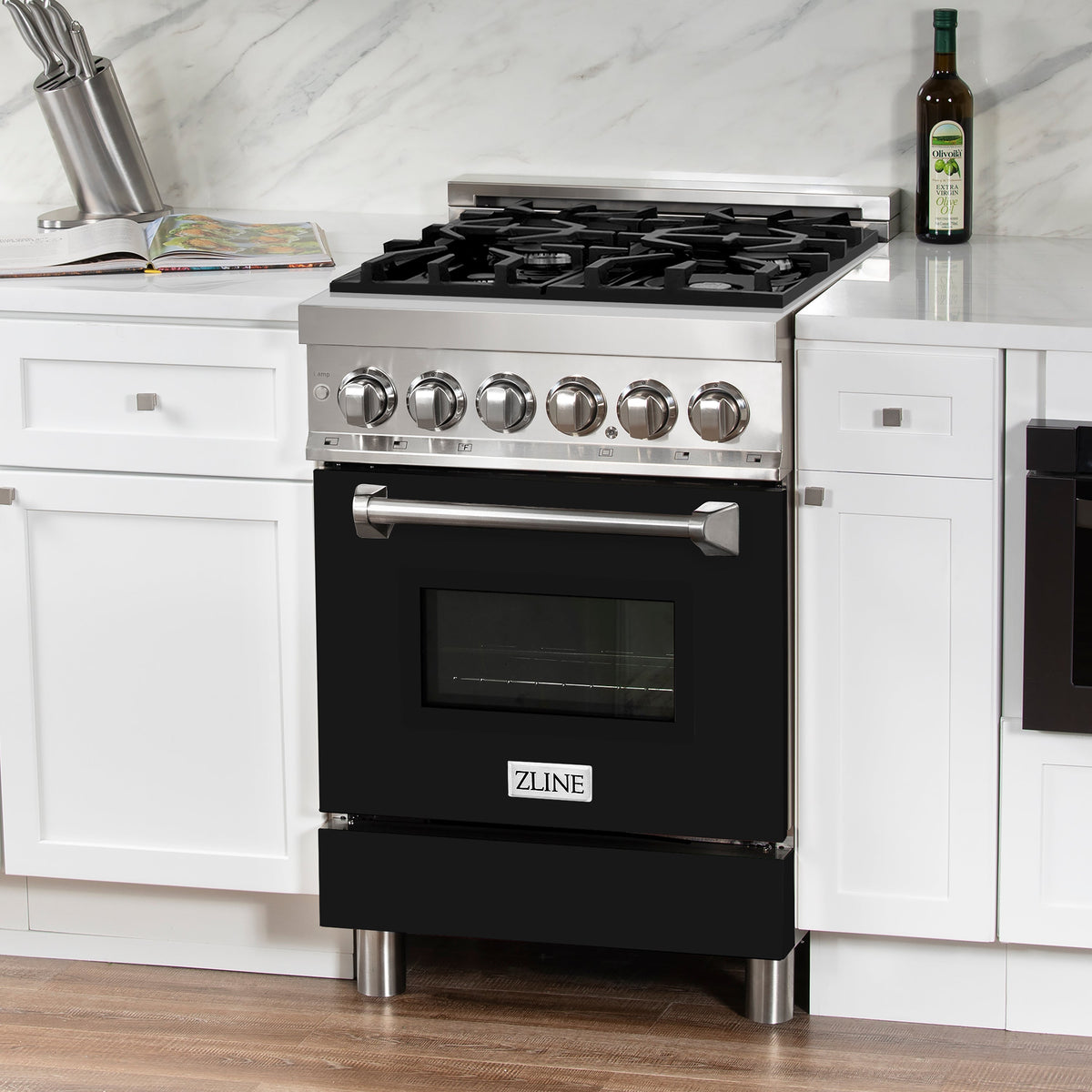 ZLINE 24 in. 2.8 cu. ft. Legacy Dual Fuel Range with 4 Burner Gas Cooktop and Electric Convection Oven in Stainless Steel and Black Matte Door (RA-BLM-24)
