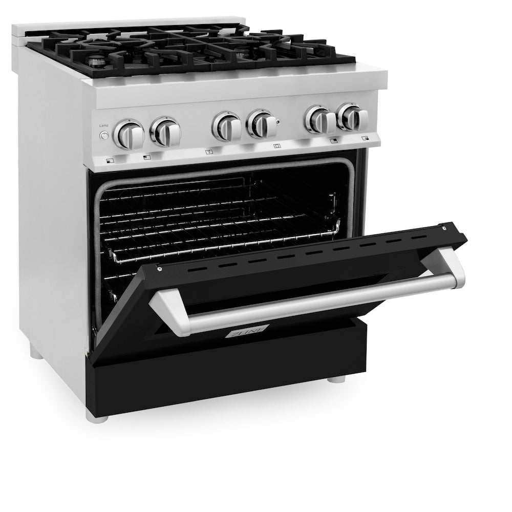 ZLINE 30 in. 4.0 cu. ft. Legacy Dual Fuel Range with 4 Burner Gas Cooktop and Electric Convection Oven in Stainless Steel and Black Matte Door (RA-BLM-30)